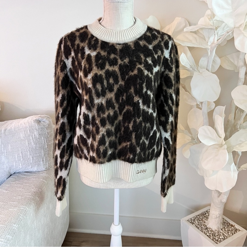 Ganni Leopard Print Crew Neck Sweater - Brown and Cream - Picture 2 of 9